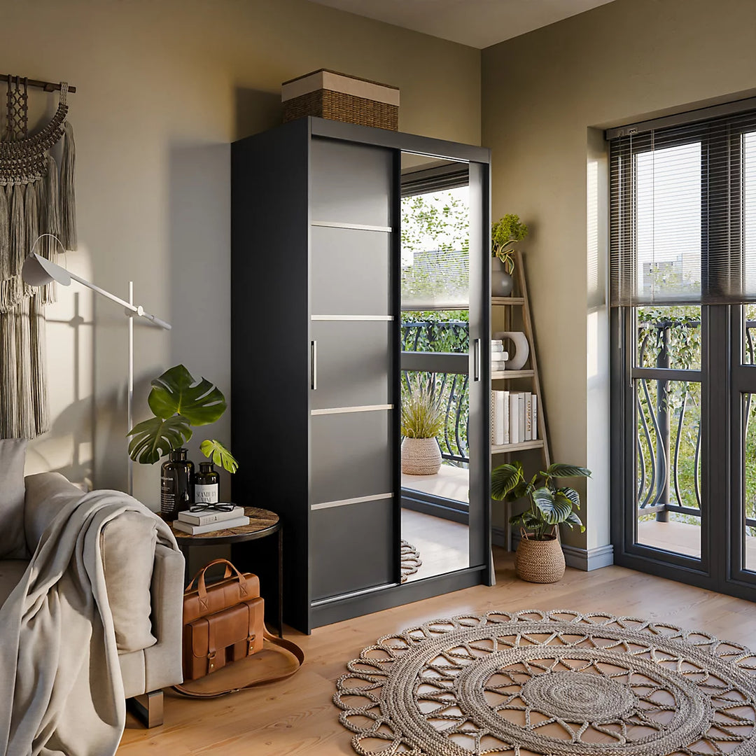 Verona 02 Contemporary 2 Mirrored Sliding Door Wardrobe 5 Shelves 2 Rails Black Matt