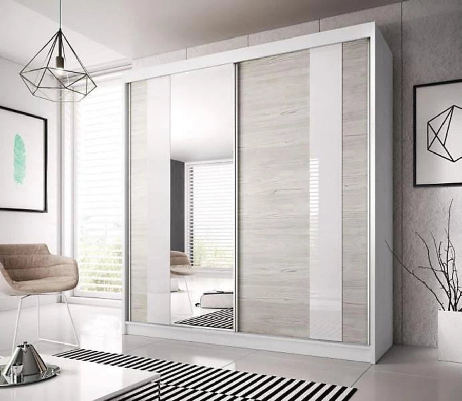 Elegant White Matt Multi Sliding Mirror Door Wardrobe - Kathult Oak & White Gloss Front
