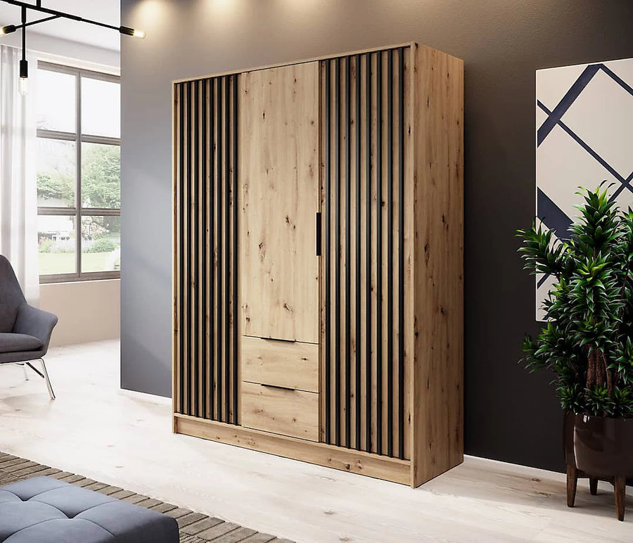 Nelly Contemporary Hinged 3 Door Wardrobe Oak Effect 2 Drawers 8 Shelves 1 Hanging Rail Lamela Decor 