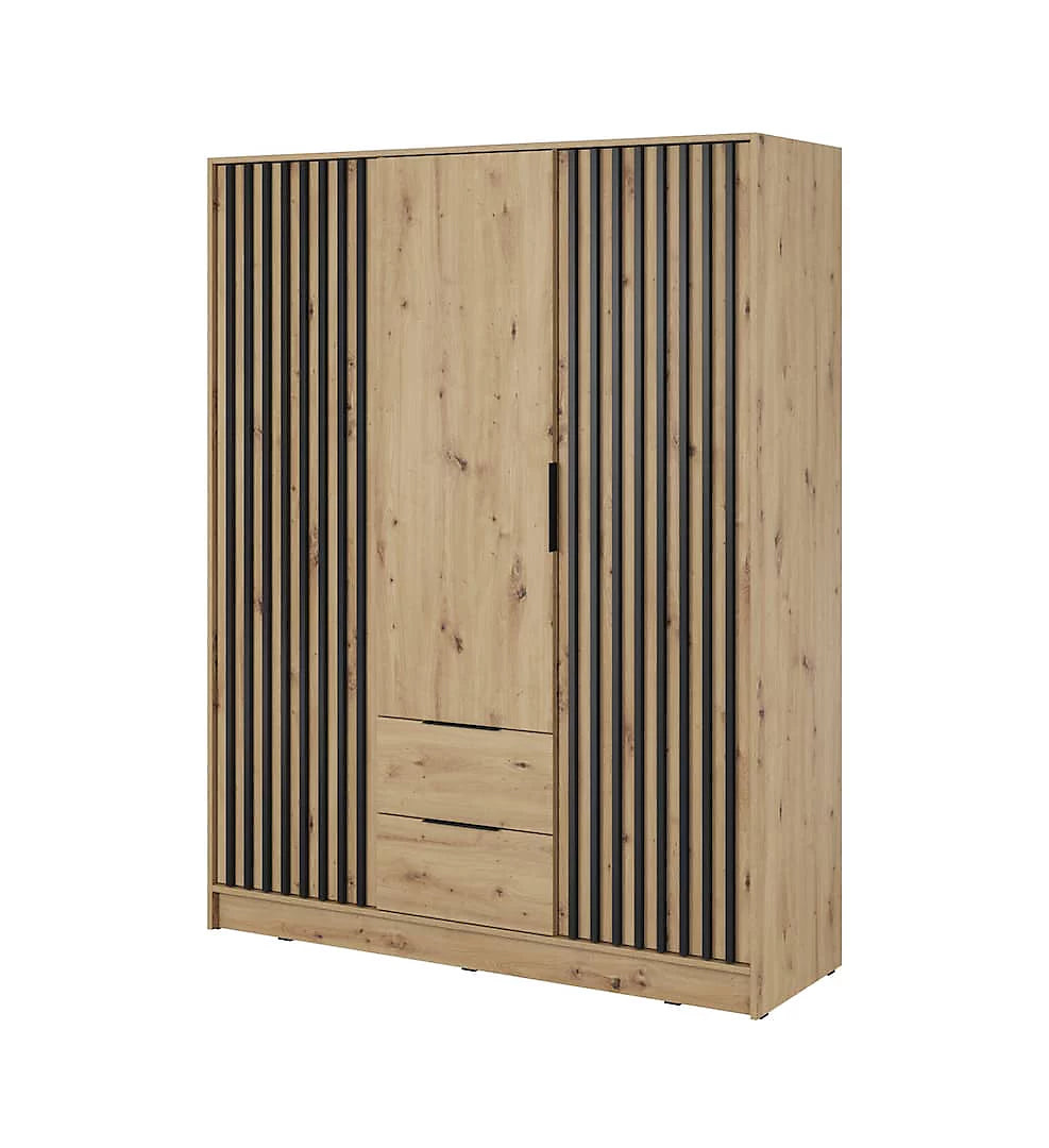 Nelly Contemporary Hinged 3 Door Wardrobe Oak Effect 2 Drawers 8 Shelves 1 Hanging Rail Lamela Decor 