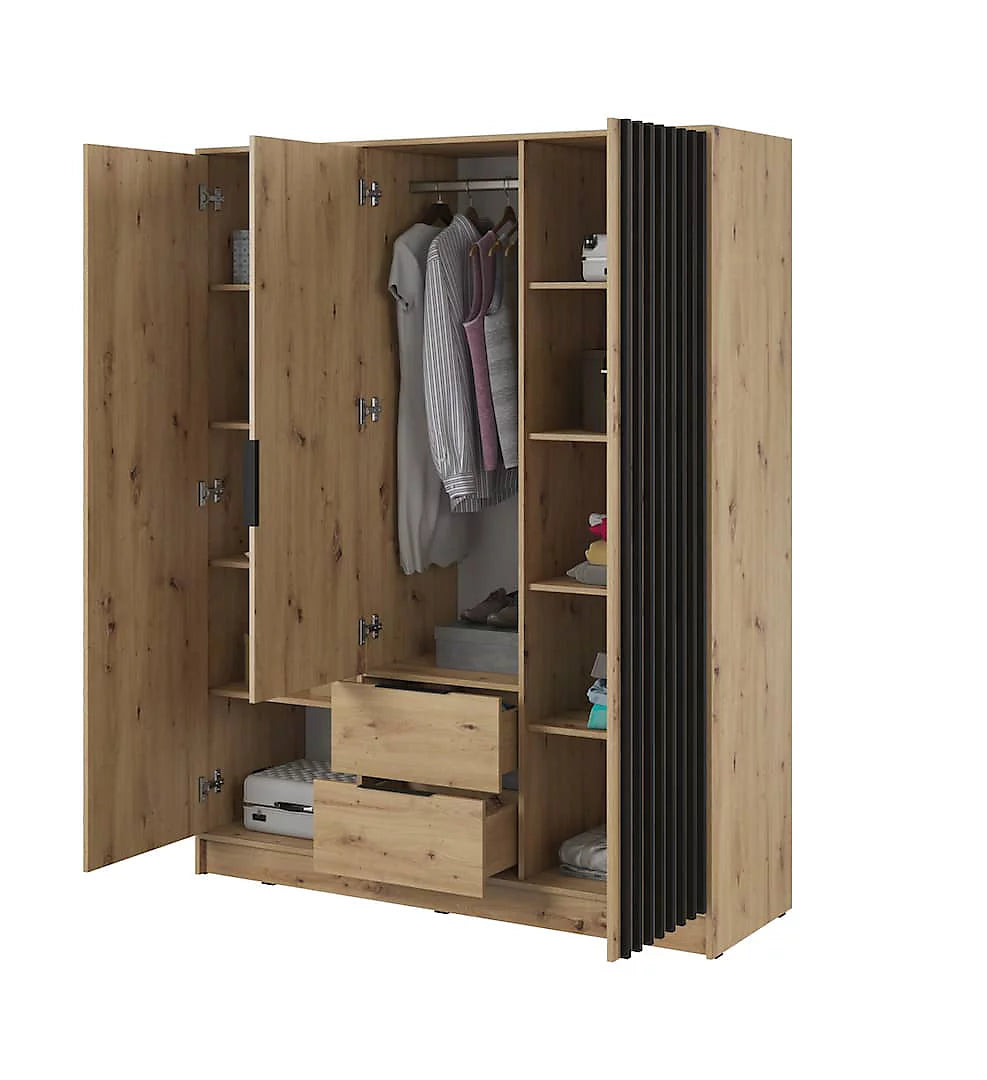 Nelly Contemporary Hinged 3 Door Wardrobe Oak Effect 2 Drawers 8 Shelves 1 Hanging Rail Lamela Decor 155cm