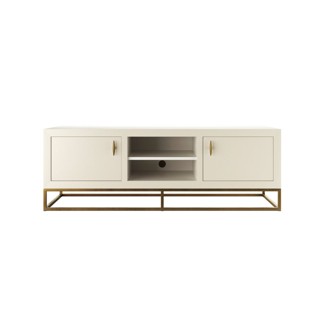 White entertainment console with gold accents on a white background