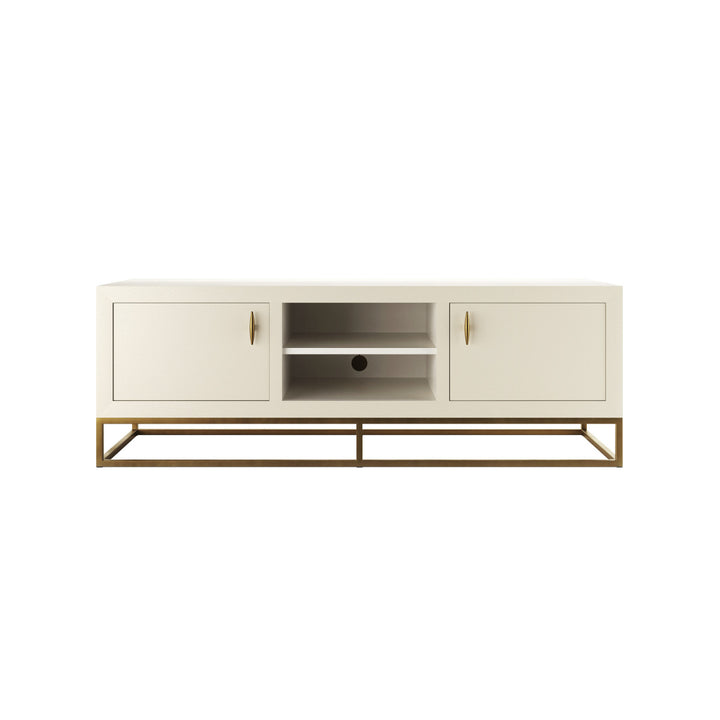 White entertainment console with gold accents on a white background