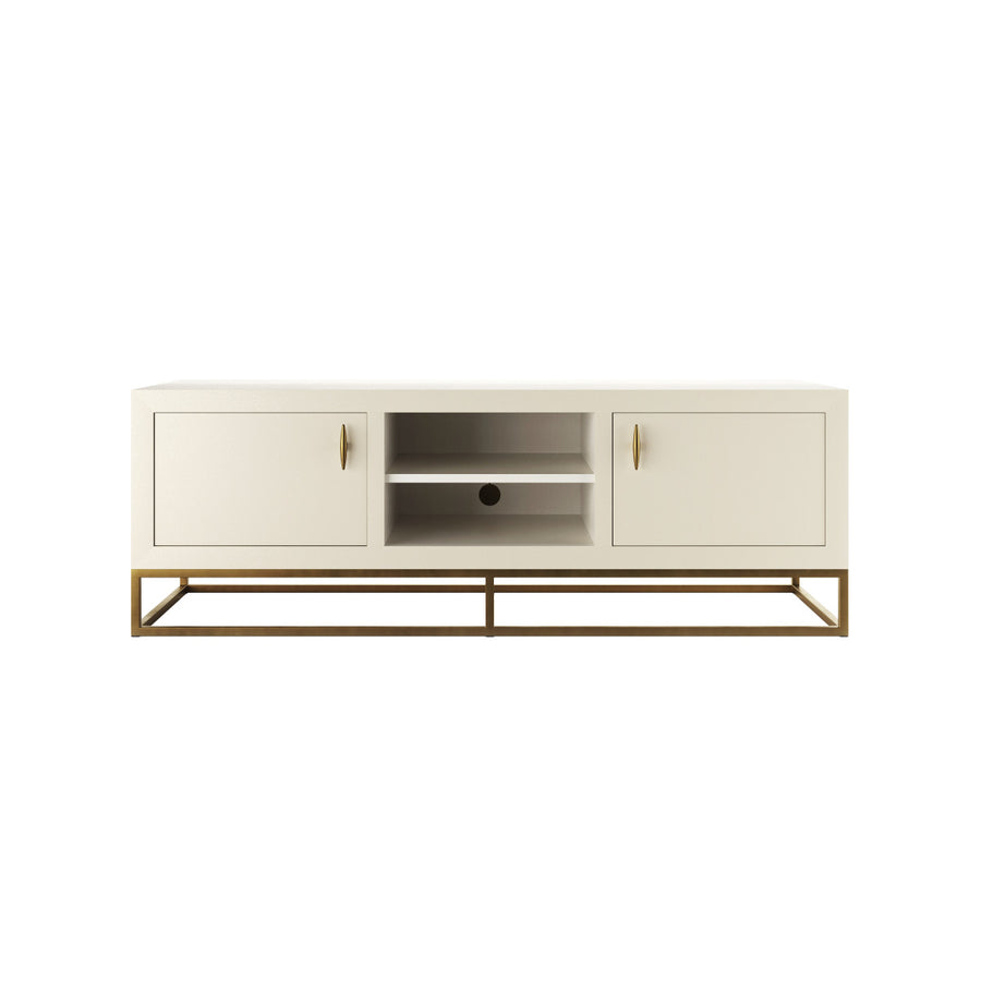 White entertainment console with gold accents on a white background
