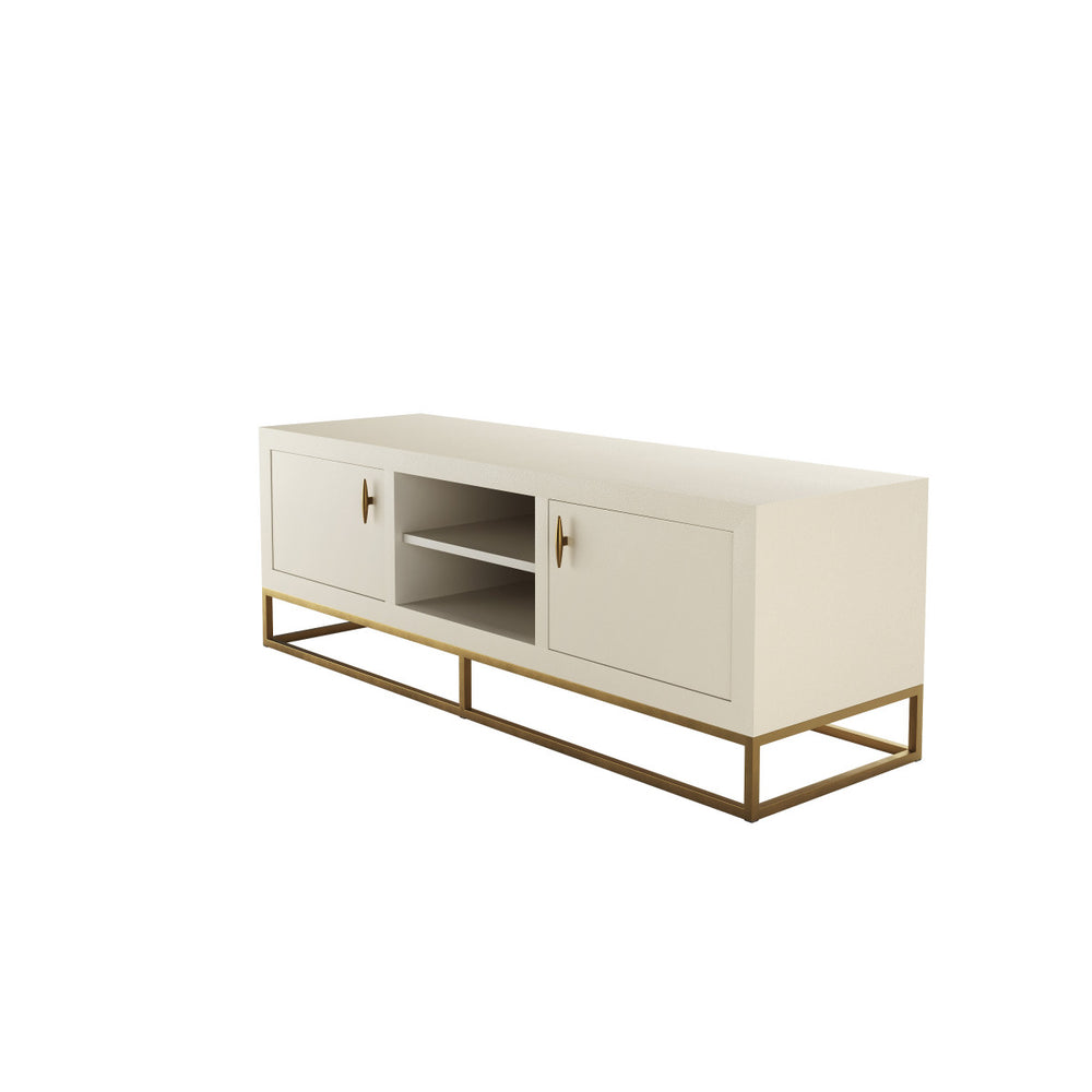 White TV stand with gold legs on a white background