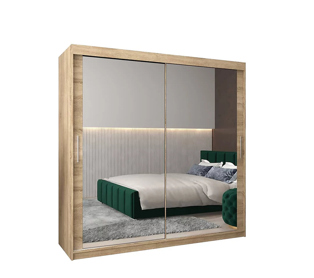 Tokyo 03 Contemporary Mirrored 2 Sliding Door Wardrobe 9 Shelves 2 Rails Oak Sonoma Effect
