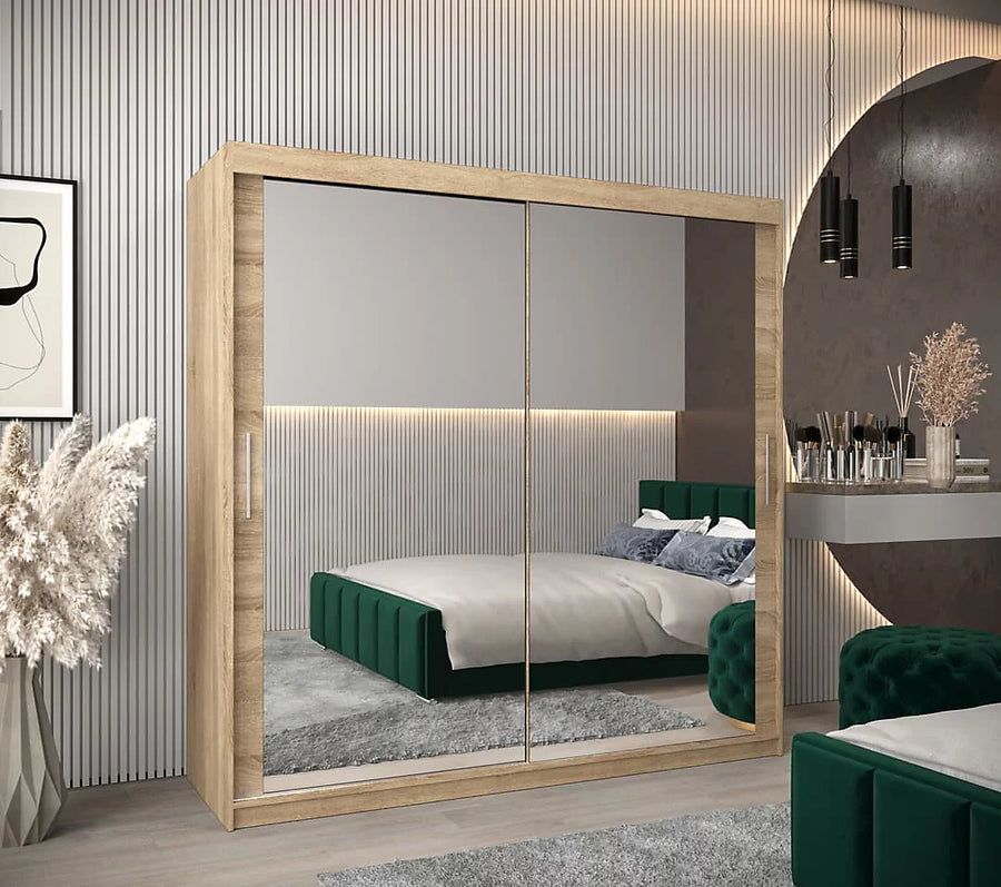Tokyo 03 Contemporary Mirrored 2 Sliding Door Wardrobe 9 Shelves 2 Rails Oak Sonoma Effect