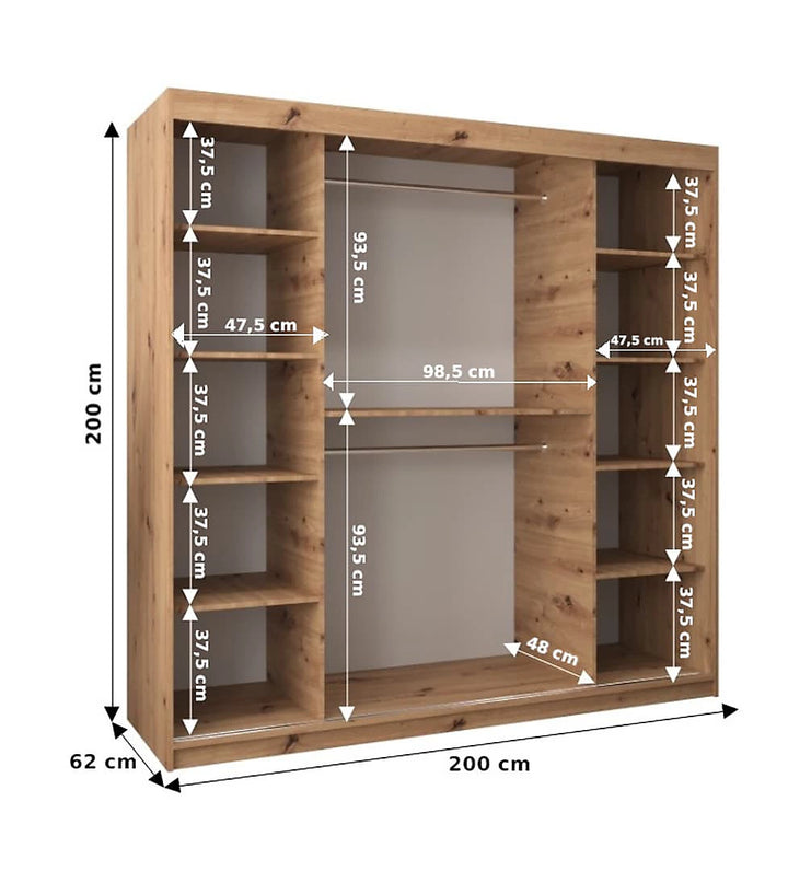 Tokyo 03 Contemporary Mirrored 2 Sliding Door Wardrobe 9 Shelves 2 Rails Oak Sonoma Effect 200cm