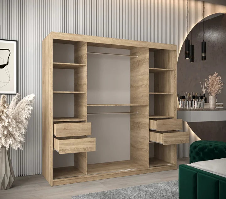 Tokyo 03 Contemporary Mirrored 2 Sliding Door Wardrobe 9 Shelves 2 Rails Oak Sonoma Effect 200cm