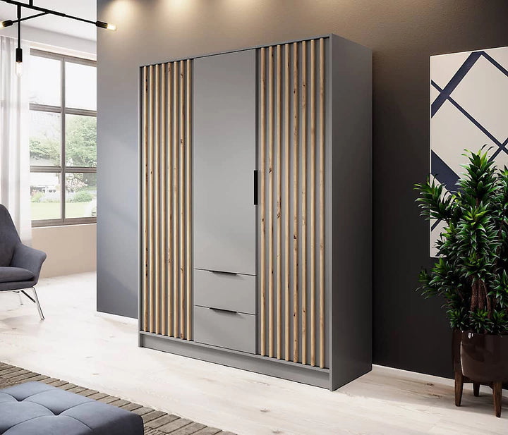 Nelly Contemporary Hinged 3 Door Wardrobe Grey 2 Drawers 8 Shelves 1 Hanging Rail Lamela Deco