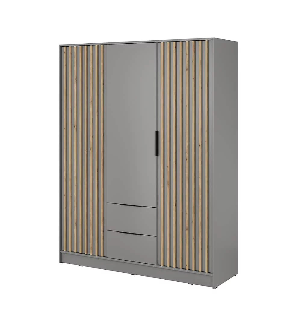 Nelly Contemporary Hinged 3 Door Wardrobe Grey 2 Drawers 8 Shelves 1 Hanging Rail Lamela Deco