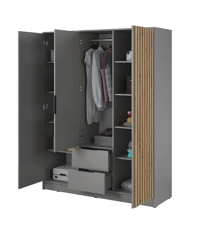 Nelly Contemporary Hinged 3 Door Wardrobe Grey 2 Drawers 8 Shelves 1 Hanging Rail Lamela Deco