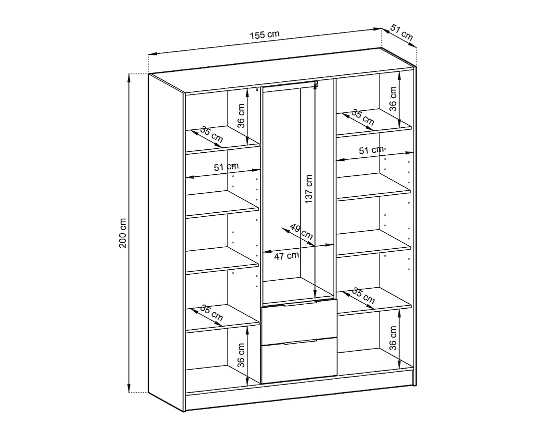 Nelly Contemporary Hinged 3 Door Wardrobe Grey 2 Drawers 8 Shelves 1 Hanging Rail Lamela Deco