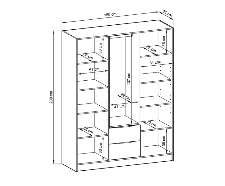 Nelly Contemporary Hinged 3 Door Wardrobe Grey 2 Drawers 8 Shelves 1 Hanging Rail Lamela Deco