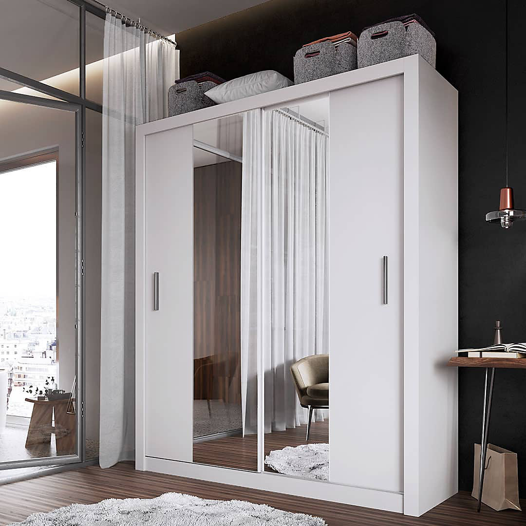 Idea 03 Contemporary Mirrored Sliding 2 Door Wardrobe 5 Shelves 1 Hanging Rail White