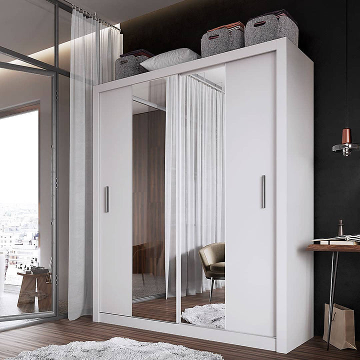 Idea 03 Contemporary Mirrored Sliding 2 Door Wardrobe 5 Shelves 1 Hanging Rail White