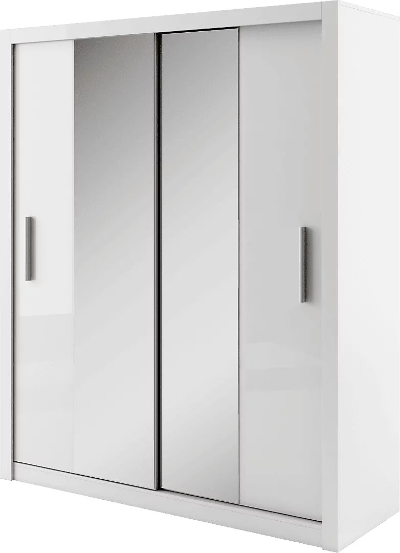 Idea 03 Contemporary Mirrored Sliding 2 Door Wardrobe 5 Shelves 1 Hanging Rail White
