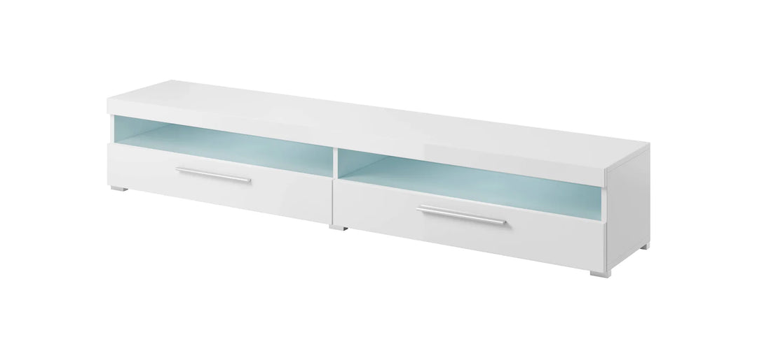 Chic White India 40 TV Cabinet, 2 Pull-Down Doors, Open Shelves, Optional LED, H350mm W2000mm D400mm