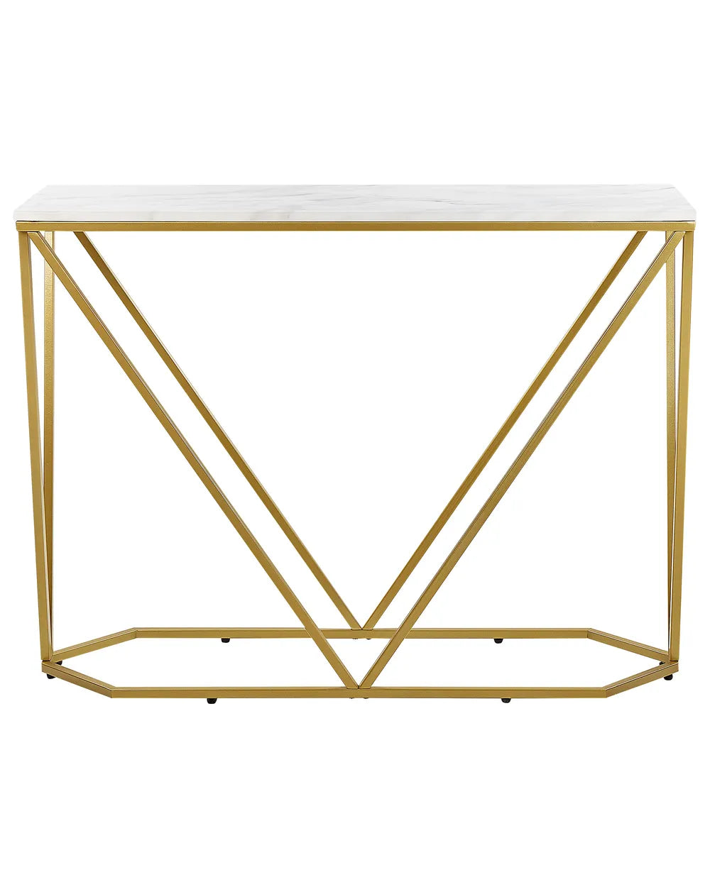 Console table with gold geometric frame and white marble top on a white background