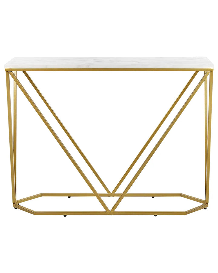 Console table with gold geometric frame and white marble top on a white background