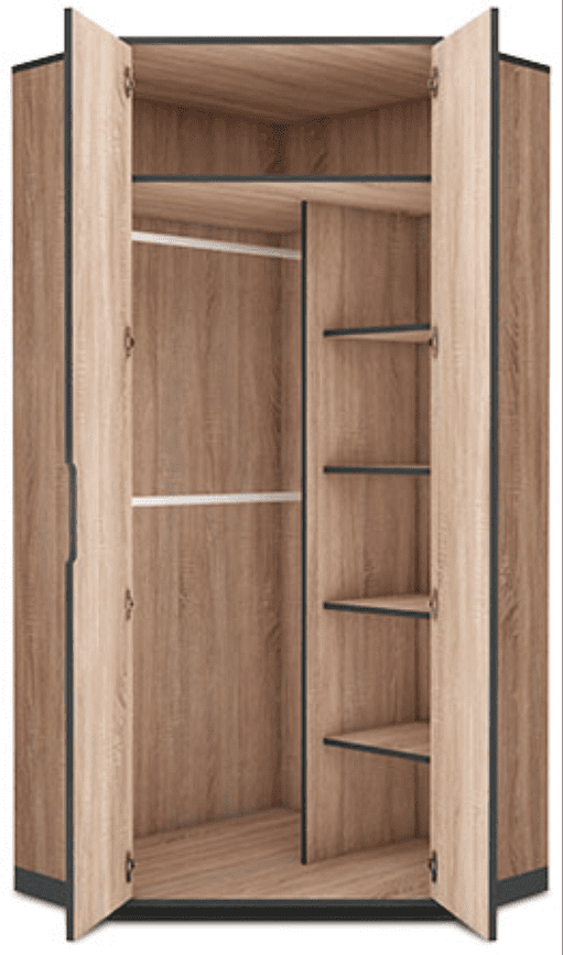 Wooden wardrobe with open doors showing shelves on a white background