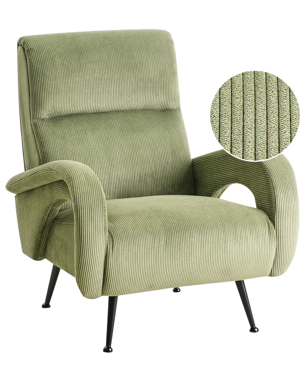 Green armchair with close-up of fabric texture on a white background
