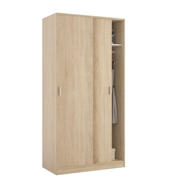 Wooden wardrobe with open doors on a white background