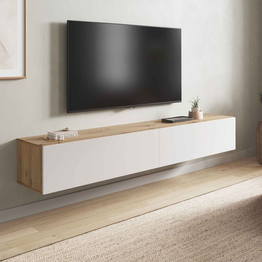 Nordic oak and white floating TV unit with 2 doors