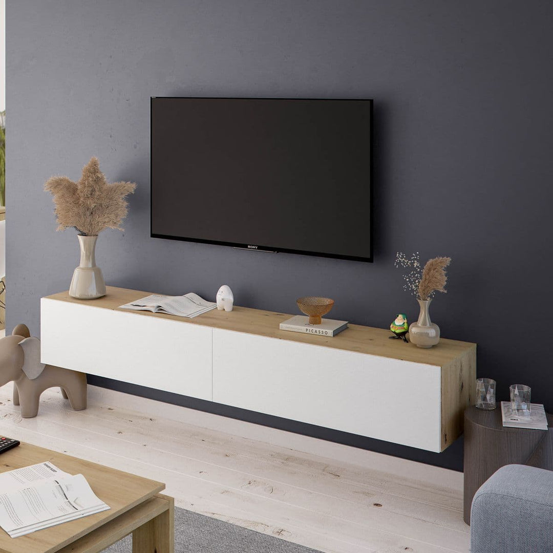 Wall mounted oak and white TV cabinet with concealed storage