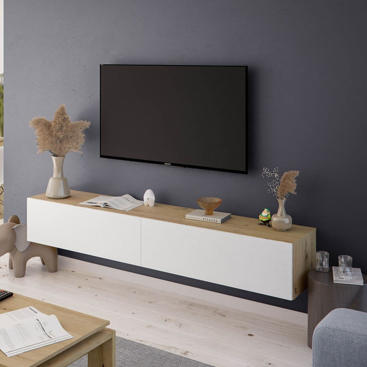Wall mounted oak and white TV cabinet with concealed storage