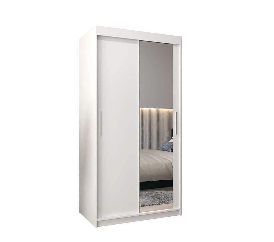 Tokyo 02 Contemporary Mirrored 2 Sliding Door Wardrobe 5 Shelves 2 Rails White Matt