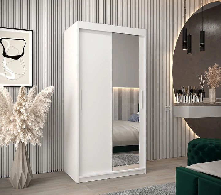 Tokyo 02 Contemporary Mirrored 2 Sliding Door Wardrobe 5 Shelves 2 Rails White Matt