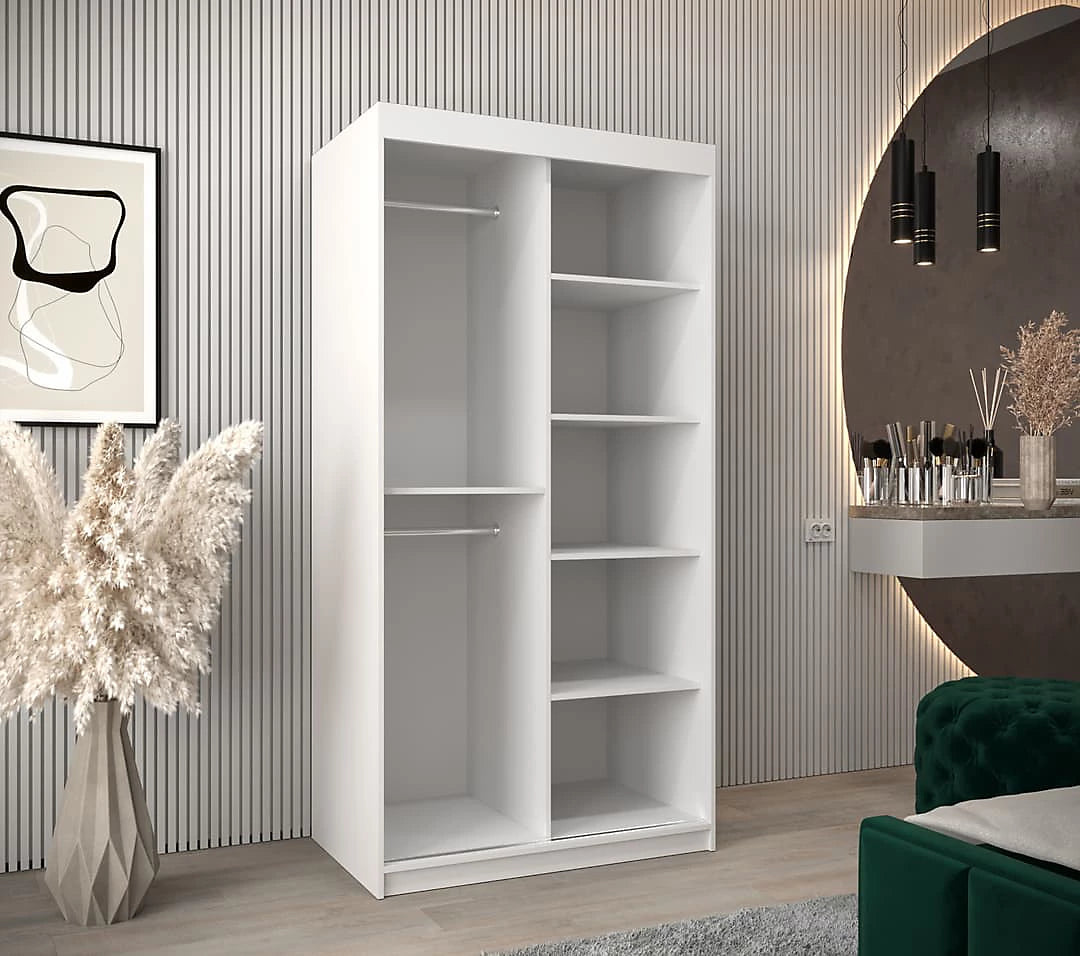 Tokyo 02 Contemporary Mirrored 2 Sliding Door Wardrobe 5 Shelves 2 Rails White Matt