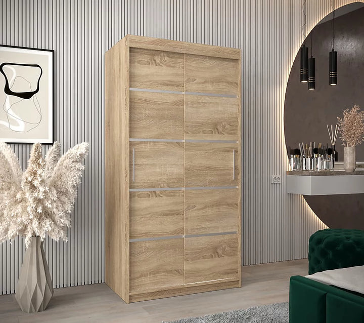 Verona 01 Contemporary 2 Sliding Door Wardrobe 5 Shelves 2 Rails Oak Sonoma Effect