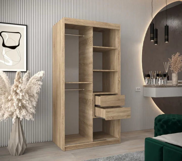 Verona 01 Contemporary 2 Sliding Door Wardrobe 5 Shelves 2 Rails Oak Sonoma Effect