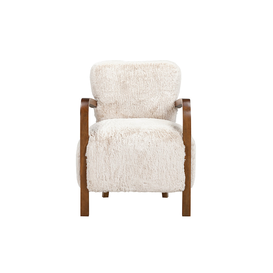 Chair with beige textured cushion and wooden frame on a white background
