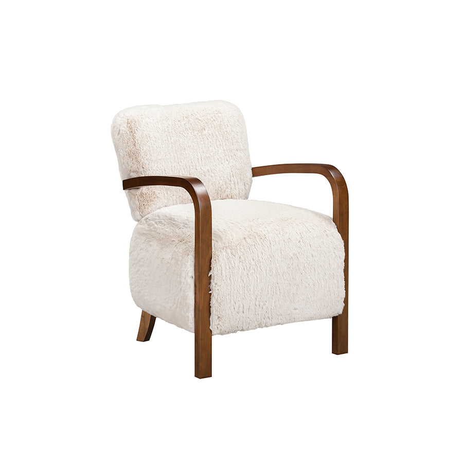 Beige fluffy armchair with wooden arms on a white background