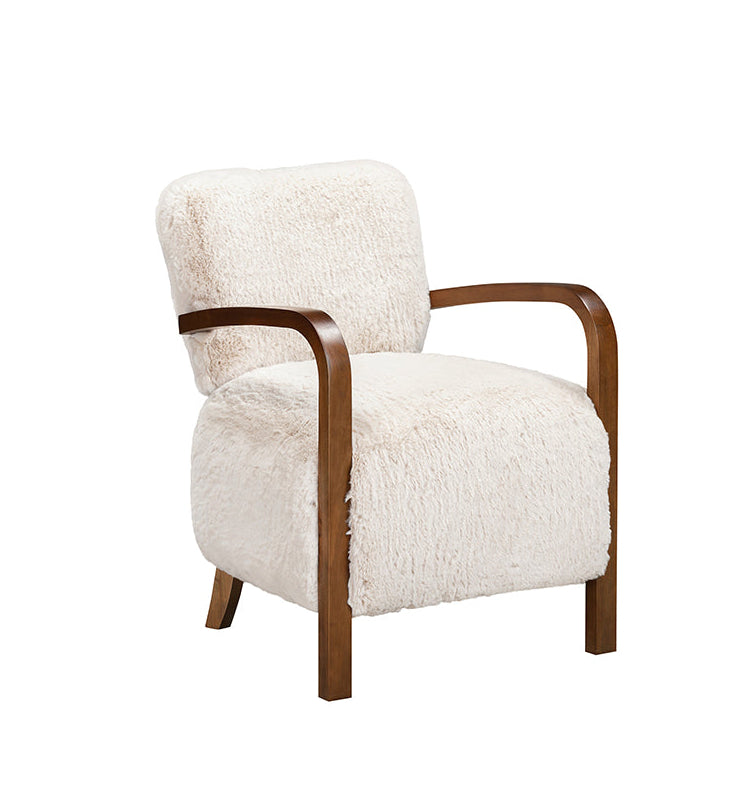 Beige fluffy armchair with wooden arms on a white background