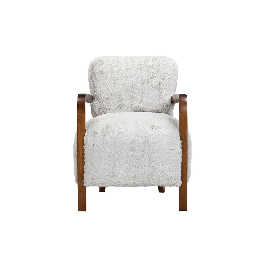 Chair with Grey textured cushion and wooden frame on a white background