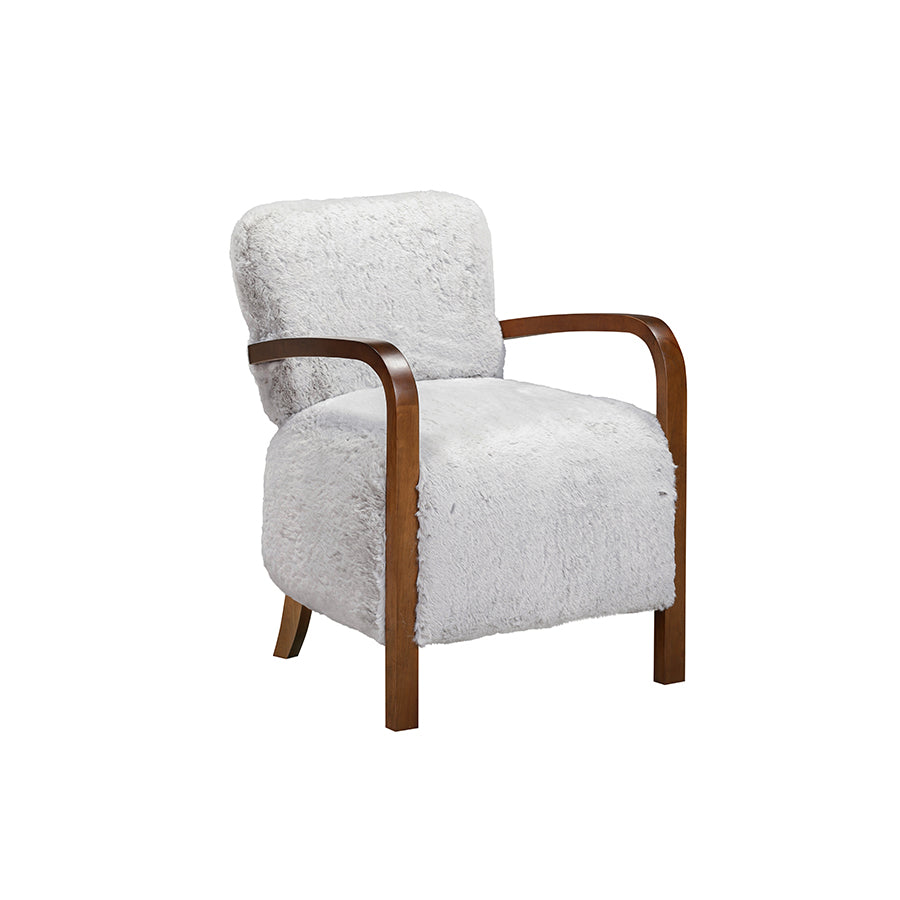 Grey textured armchair with wooden arms and legs on a white background