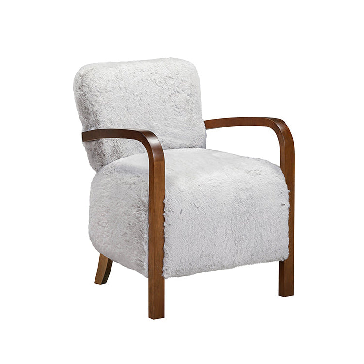 Grey textured armchair with wooden arms and legs on a white background
