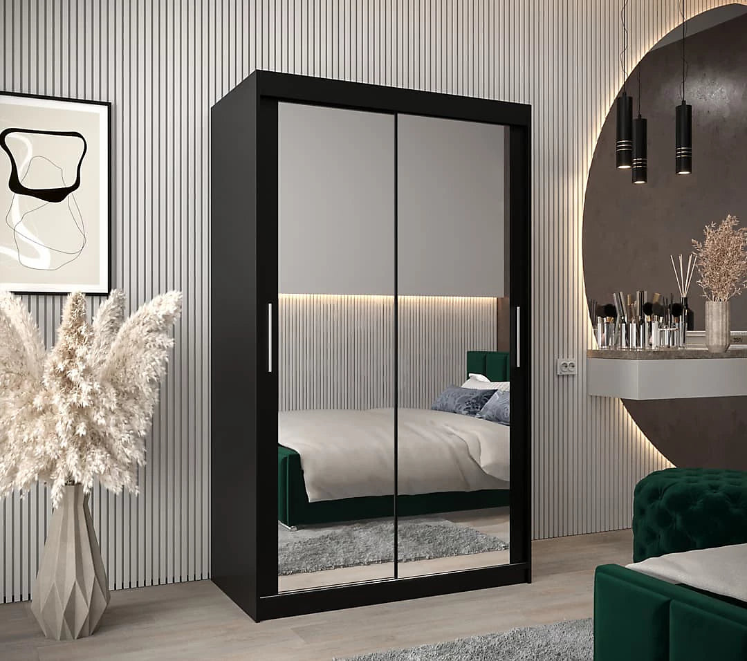 Tokyo 03 Contemporary Mirrored 2 Sliding Door Wardrobe 5 Shelves 2 Rails Black Matt