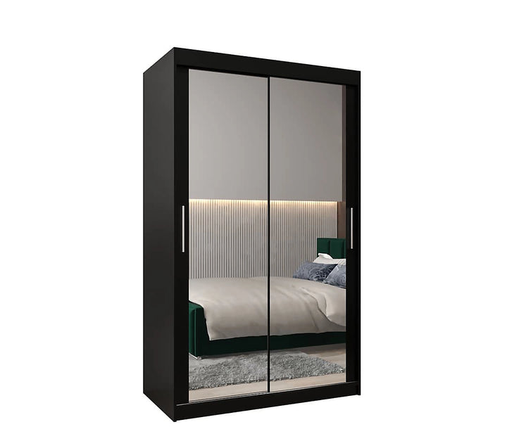 Tokyo 03 Contemporary Mirrored 2 Sliding Door Wardrobe 5 Shelves 2 Rails Black Matt