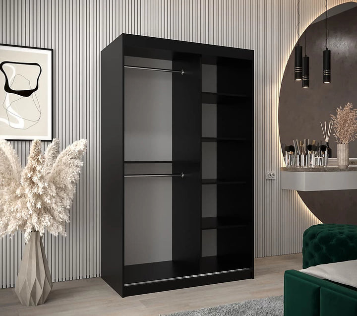 Tokyo 03 Contemporary Mirrored 2 Sliding Door Wardrobe 5 Shelves 2 Rails Black Matt