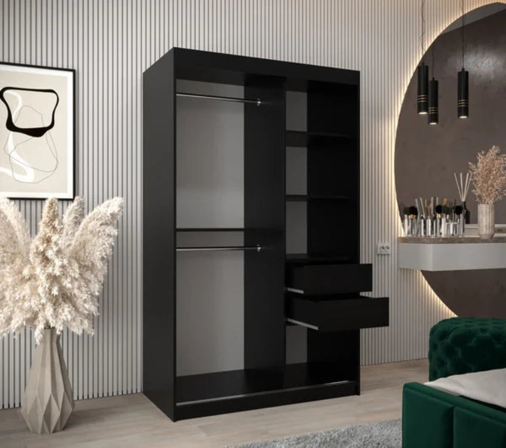 Tokyo 03 Contemporary Mirrored 2 Sliding Door Wardrobe 5 Shelves 2 Rails Black Matt