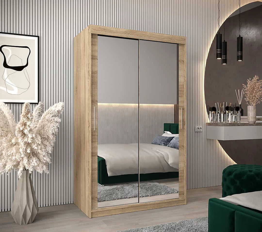 Tokyo 03 Contemporary Mirrored 2 Sliding Door Wardrobe 5 Shelves 2 Rails Oak Sonoma Effect