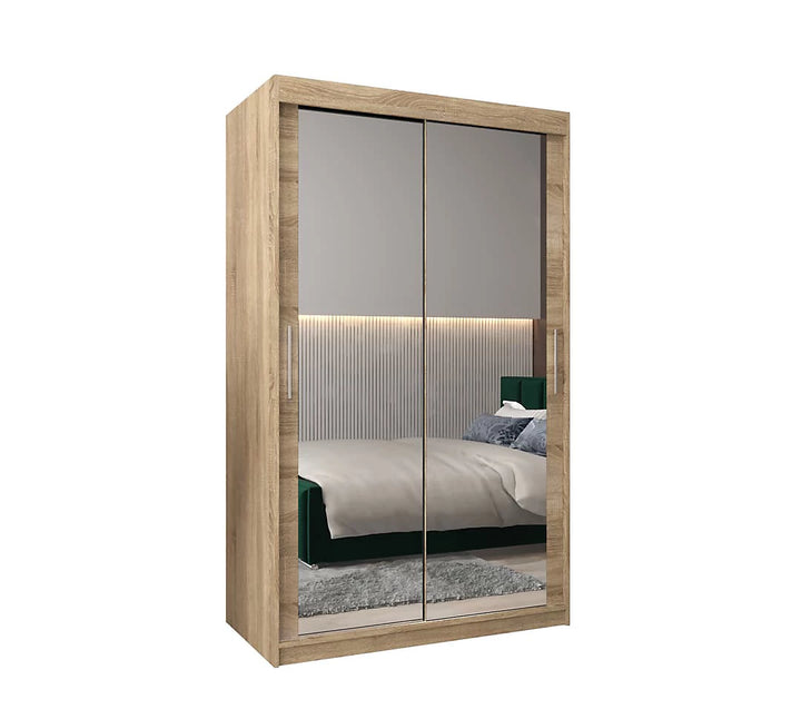 Tokyo 03 Contemporary Mirrored 2 Sliding Door Wardrobe 5 Shelves 2 Rails Oak Sonoma Effect