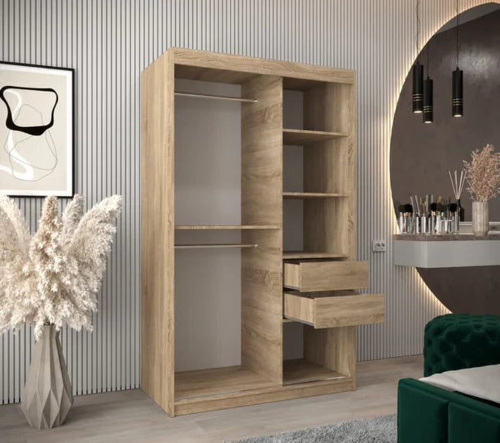 Tokyo 03 Contemporary Mirrored 2 Sliding Door Wardrobe 5 Shelves 2 Rails Oak Sonoma Effect