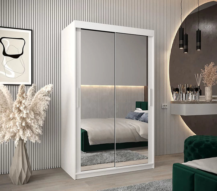 Tokyo 03 Contemporary Mirrored 2 Sliding Door Wardrobe 5 Shelves 2 Rails White Matt