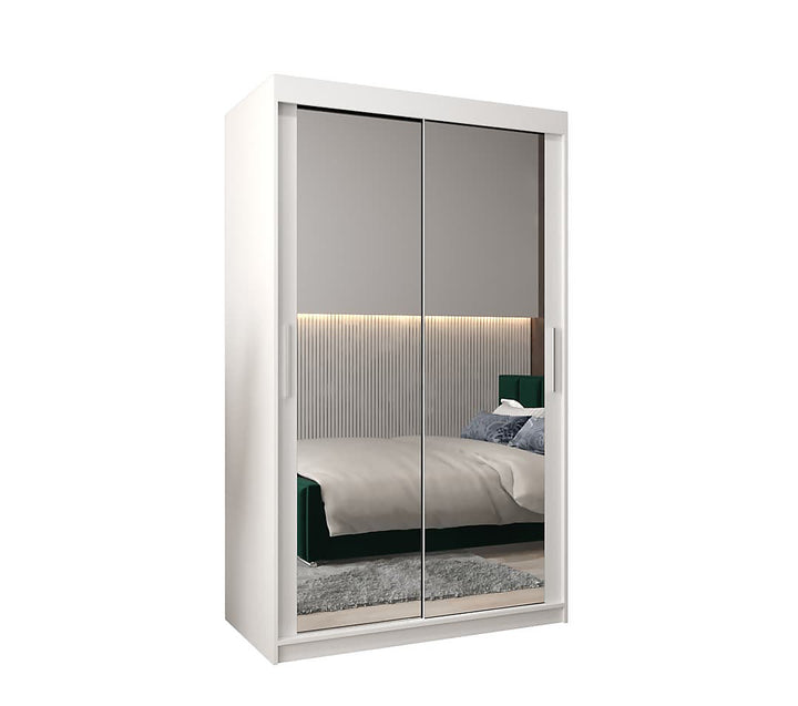 Tokyo 03 Contemporary Mirrored 2 Sliding Door Wardrobe 5 Shelves 2 Rails White Matt